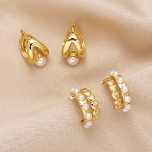 Brass Stud Earring, with Plastic Pearl, gold color plated, fashion jewelry & different designs for choice, golden, nickel, lead & cadmium free, Sold By Pair