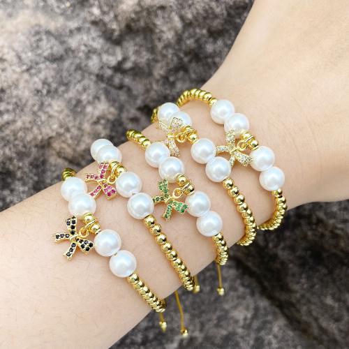 Cubic Zirconia Micro Pave Brass Bracelet with Plastic Pearl gold color plated fashion jewelry & micro pave cubic zirconia golden nickel lead & cadmium free Sold By PC