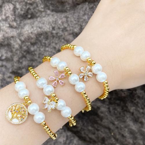 Cubic Zirconia Micro Pave Brass Bracelet with Nylon Cord & Plastic Pearl gold color plated fashion jewelry & micro pave cubic zirconia golden nickel lead & cadmium free Sold By PC