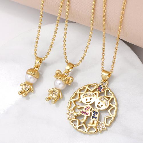 Cubic Zircon Micro Pave Brass Necklace with Plastic Pearl gold color plated fashion jewelry & micro pave cubic zirconia golden nickel lead & cadmium free Sold By PC