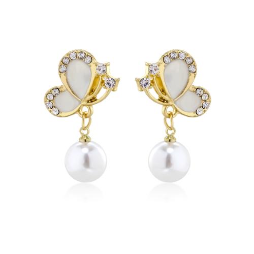 Iron Earring, with Plastic & Plastic Pearl, fashion jewelry & for woman & with rhinestone, gold, 28x14mm, Sold By Pair