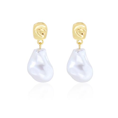 Boucle d'oreille dormeuse en alliage de zinc, avec perle de plastique, bijoux de mode & pour femme, Or, 37x15mm, Vendu par paire