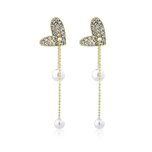 Tibetan Style Stud Earring, with Plastic Pearl, Heart, fashion jewelry & for woman & with rhinestone, gold, 70x15mm, Sold By Pair