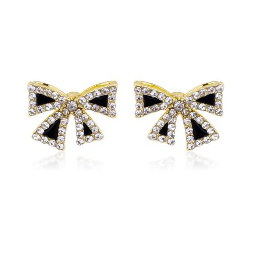Zinc Alloy Stud Earring with Plastic Bowknot fashion jewelry & for woman & with rhinestone gold Sold By Pair