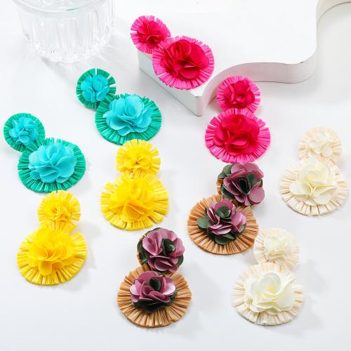Tibetan Style Stud Earring, with Rafidah Grass & Cloth, Flower, handmade, fashion jewelry & for woman, more colors for choice, 68x45mm, Sold By Pair