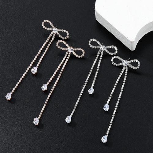 Tibetan Style Stud Earring, with Cubic Zirconia, Bowknot, fashion jewelry & for woman & with rhinestone, more colors for choice, 111x31mm, Sold By Pair