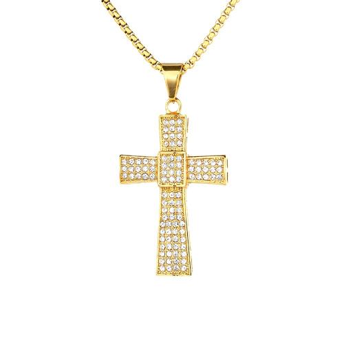 Stainless Steel Cross Pendants, 316 Stainless Steel, fashion jewelry & Unisex & with rhinestone, golden, 34x56mm, Sold By PC
