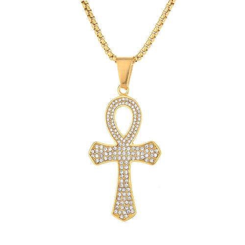 Stainless Steel Cross Pendants, 316 Stainless Steel, fashion jewelry & Unisex & with rhinestone, golden, 29x54mm, Sold By PC