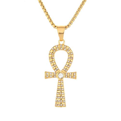 Stainless Steel Cross Pendants, 316 Stainless Steel, fashion jewelry & Unisex & with rhinestone, golden, 25x54mm, Sold By PC