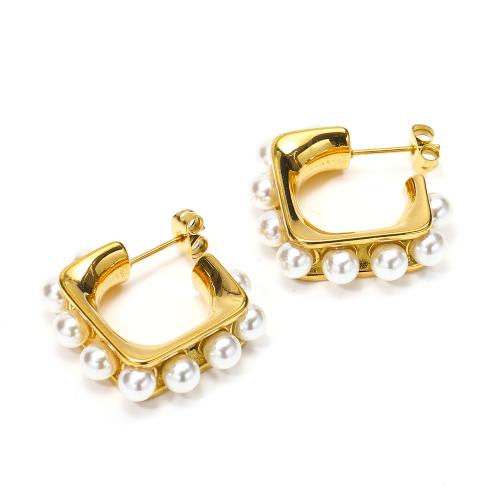 Stainless Steel Stud Earrings, 304 Stainless Steel, with Plastic Pearl, Vacuum Ion Plating, fashion jewelry & for woman, golden, 25x26mm, Sold By Pair