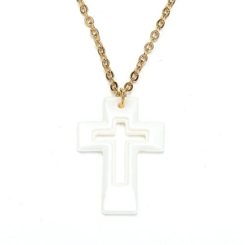 Edelstahl Schmuck Halskette, 304 Edelstahl, mit Porzellan, Kreuz, Modeschmuck & für Frau, weiß, 19.50x29mm, Länge:ca. 45 cm, verkauft von PC
