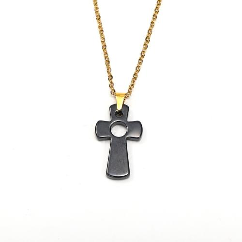 Stainless Steel Jewelry Necklace 304 Stainless Steel with Porcelain Cross Vacuum Ion Plating fashion jewelry & for woman black Length Approx 45 cm Sold By PC
