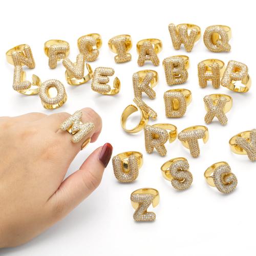 Cubic Zirconia Micro Pave Brass Ring, Alphabet Letter, plated, fashion jewelry & different designs for choice & micro pave cubic zirconia, golden, nickel, lead & cadmium free, Sold By PC