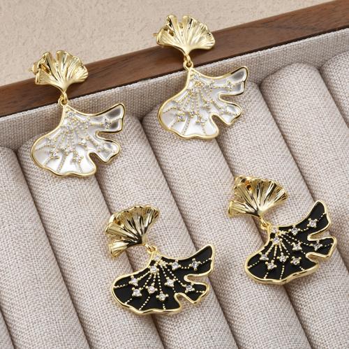 Brass Drop Earring Ginkgo Leaf plated fashion jewelry & with rhinestone nickel lead & cadmium free Sold By Pair
