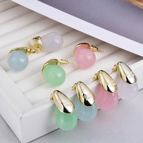 Brass Stud Earring, with Resin, Teardrop, plated, fashion jewelry, more colors for choice, nickel, lead & cadmium free, 16x32mm, Sold By Pair