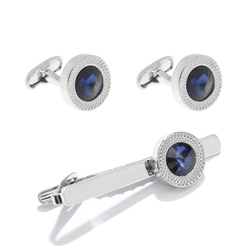 Zinc Alloy Tie Clip Cufflink Set with Crystal & for man silver color Sold By PC