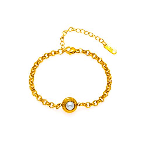 Bracelet d'acier titane, avec perle de plastique, avec 5cm chaînes de rallonge, bijoux de mode & pour femme, doré, Longueur Environ 17 cm, Vendu par PC