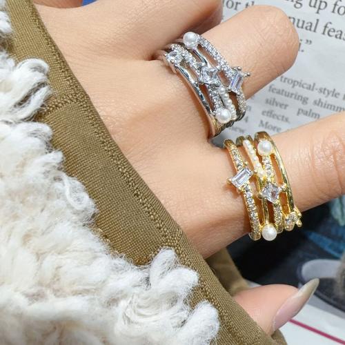Cubic Zircon Brass Finger Ring, with Cubic Zirconia & Plastic Pearl, plated, fashion jewelry & for woman, more colors for choice, nickel, lead & cadmium free, Inner Diameter:Approx 18mm, Sold By PC