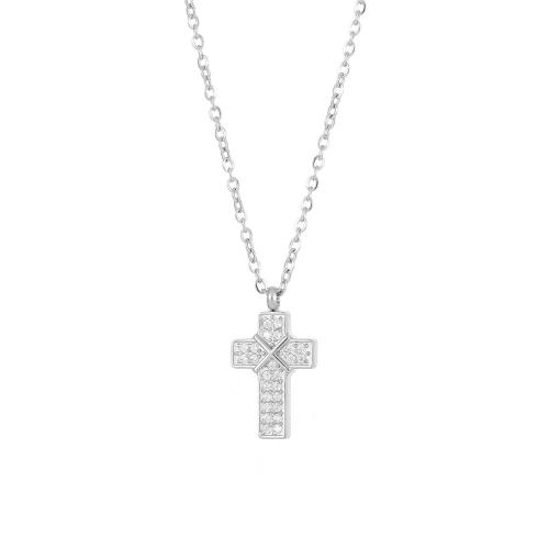Stainless Steel Jewelry Necklace, 304 Stainless Steel, with 5cm extender chain, Cross, Vacuum Ion Plating, fashion jewelry & micro pave cubic zirconia & for woman, more colors for choice, 15mm, Length:40 cm, Sold By PC