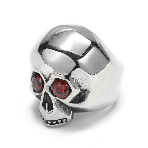 Cubic Zirconia rustfrit stål fingre Ringe, 304 rustfrit stål, med Cubic Zirconia, Skull, punk stil & forskellig størrelse for valg & for mennesket, oprindelige farve, Solgt af PC