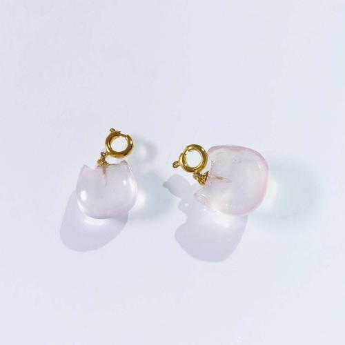 Quartz Gemstone Pendants, Rose Quartz, with Brass, Cat, DIY, pink, 12mm, Sold By PC