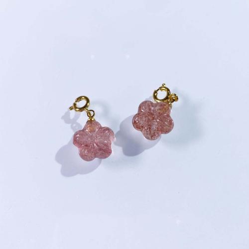 Quartz Gemstone Pendants, Strawberry Quartz, with Brass, Flower, DIY, pink, 12mm, Sold By PC