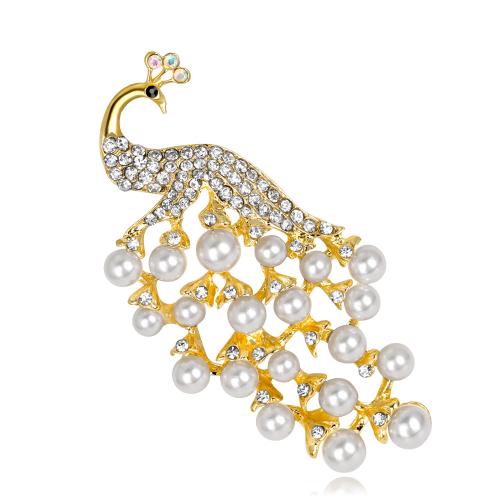Tibetan Style Brooches, with Plastic Pearl, Peacock, plated, fashion jewelry & for woman & with rhinestone, more colors for choice, 64x51mm, Sold By PC