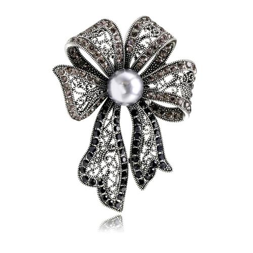 Tibetan Style Brooches, with Plastic Pearl, Bowknot, fashion jewelry & for woman & with rhinestone, 63x46mm, Sold By PC