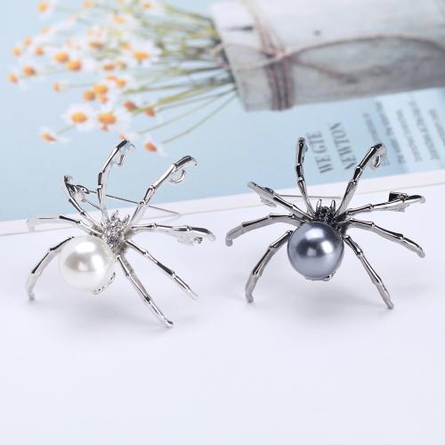 Zinc Alloy Brocher, med Plastic Pearl, Spider, forgyldt, mode smykker & for kvinde & med rhinestone, flere farver til valg, 43x48mm, Solgt af PC