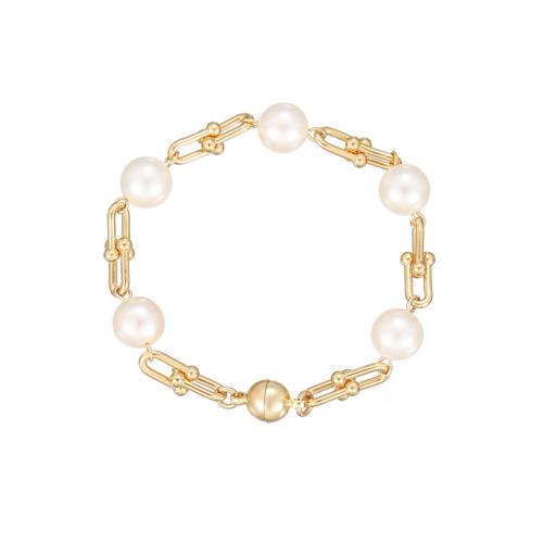 Messing-Armbänder, Messing, mit Kunststoff Perlen, plattiert, für Frau, goldfarben, Länge:ca. 18 cm, verkauft von PC