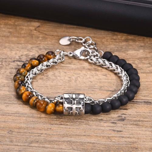 Stainless Steel Jewelry Bracelet, 304 Stainless Steel, with turquoise & Tiger Eye & Agate, polished, different materials for choice & Unisex, more colors for choice, Sold By PC