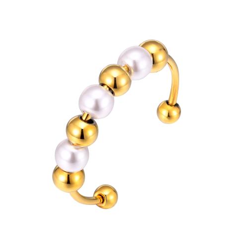 Stainless Steel Finger Ring, 304 Stainless Steel, with Plastic Pearl, plated, for woman, golden, US Ring Size:7, Sold By PC