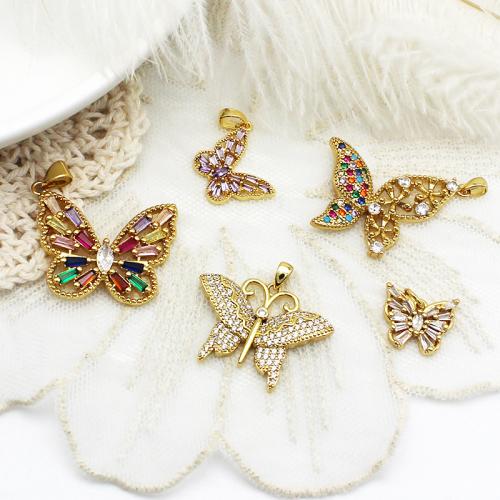 Cubic Zirconia Micro Pave Brass Pendant, Butterfly, plated, DIY & different styles for choice & micro pave cubic zirconia, golden, Sold By PC
