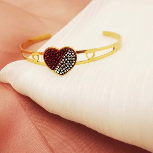 304 Stainless Steel Cuff Bangle Heart Vacuum Ion Plating fashion jewelry & for woman & with rhinestone mixed colors 17mm Inner Approx 65mm Sold By PC