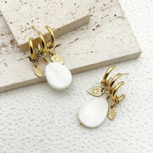 Shell Earrings, 304 Stainless Steel, with White Shell, Teardrop, Vacuum Ion Plating, fashion jewelry & for woman, white, 15x40mm, Sold By Pair