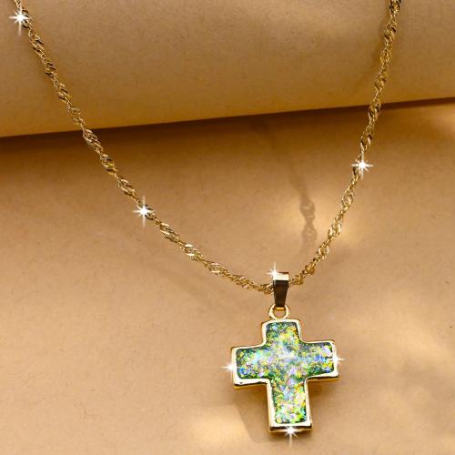Resin Necklace, Brass, with Resin, Cross, gold color plated, fashion jewelry & Unisex, green, nickel, lead & cadmium free, Length:Approx 44 cm, Sold By PC