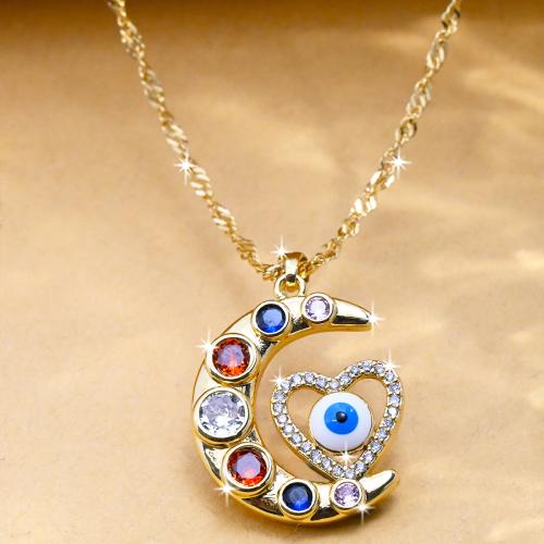 Collier Evil Eye bijoux, laiton, avec zircon cubique, lune, Placage de couleur d'or, bijoux de mode & unisexe & émail, couleurs mélangées, protéger l'environnement, sans nickel, plomb et cadmium, Longueur:Environ 44 cm, Vendu par PC