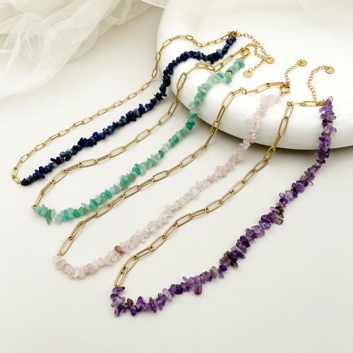 Natural Gemstone Necklace, 304 Stainless Steel, with Gemstone Chips, with 6cm extender chain, Vacuum Ion Plating, fashion jewelry & for woman, more colors for choice, Length:Approx 42 cm, Sold By PC