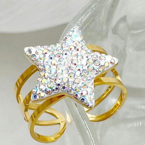 Rhinestone Stainless Steel Finger Ring, 304 Stainless Steel, with Rhinestone Clay Pave, Star, Vacuum Ion Plating, fashion jewelry & for woman, mixed colors, 18mm, Inner Diameter:Approx 22mm, Sold By PC
