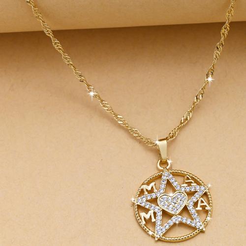 Cubic Zircon Micro Pave Brass Necklace pentagram gold color plated fashion jewelry & Unisex & micro pave cubic zirconia & hollow nickel lead & cadmium free Length Approx 44 cm Sold By PC