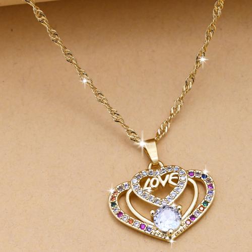 Cubic Zircon Micro Pave Brass Necklace Heart gold color plated fashion jewelry & Unisex & micro pave cubic zirconia & hollow mixed colors nickel lead & cadmium free Length Approx 44 cm Sold By PC