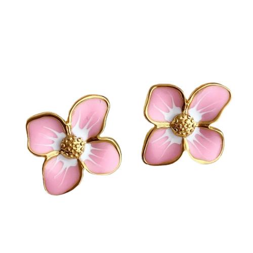 Stainless Steel Stud Earrings 304 Stainless Steel Flower Vacuum Ion Plating fashion jewelry & for woman & enamel pink Sold By Pair