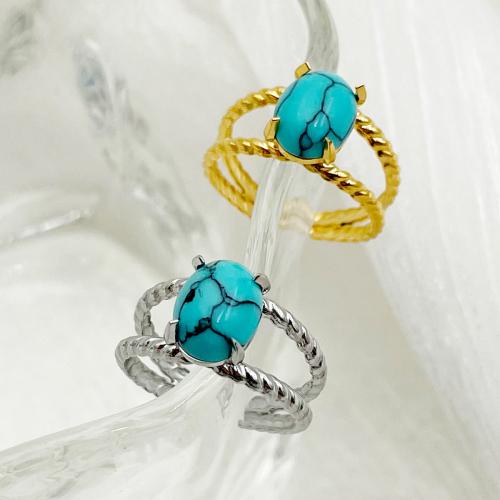 Stainless Steel Finger Ring, 304 Stainless Steel, with Blue Turquoise, Oval, Vacuum Ion Plating, fashion jewelry & for woman, more colors for choice, 10mm, Inner Diameter:Approx 20mm, Sold By PC