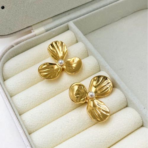 Stainless Steel Stud Earrings, 304 Stainless Steel, with Plastic Pearl, Flower, Vacuum Ion Plating, fashion jewelry & for woman, golden, 27x27mm, Sold By Pair