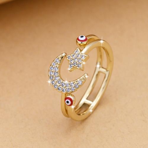 Cubic Zirconia Micro Pave Brass Ring Moon and Star gold color plated fashion jewelry & Unisex & micro pave cubic zirconia & enamel mixed colors nickel lead & cadmium free inner mm Sold By PC