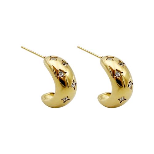 Boucle d'oreille de gaujon en acier inoxydable, Acier inoxydable 304, bijoux de mode & pour femme & avec strass, doré, 14x18mm, Vendu par paire