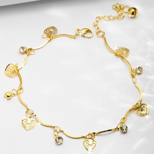 Brass Anklet with 6cm extender chain Heart gold color plated fashion jewelry & Unisex & micro pave cubic zirconia nickel lead & cadmium free Length Approx 23 cm Sold By PC