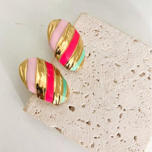 Stainless Steel Stud Earrings 304 Stainless Steel Flat Oval Vacuum Ion Plating fashion jewelry & for woman & enamel multi-colored Sold By Pair