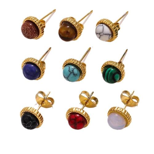 Stainless Steel Stud Earrings, 304 Stainless Steel, with Gemstone, fashion jewelry & different materials for choice & Unisex, golden, 8x17mm, 10PCs/Bag, Sold By Bag