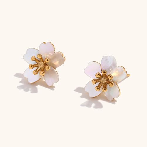 Stainless Steel Stud Earrings, 304 Stainless Steel, with Shell, 18K gold plated, fashion jewelry & for woman, golden, 14.30mm, Sold By Pair